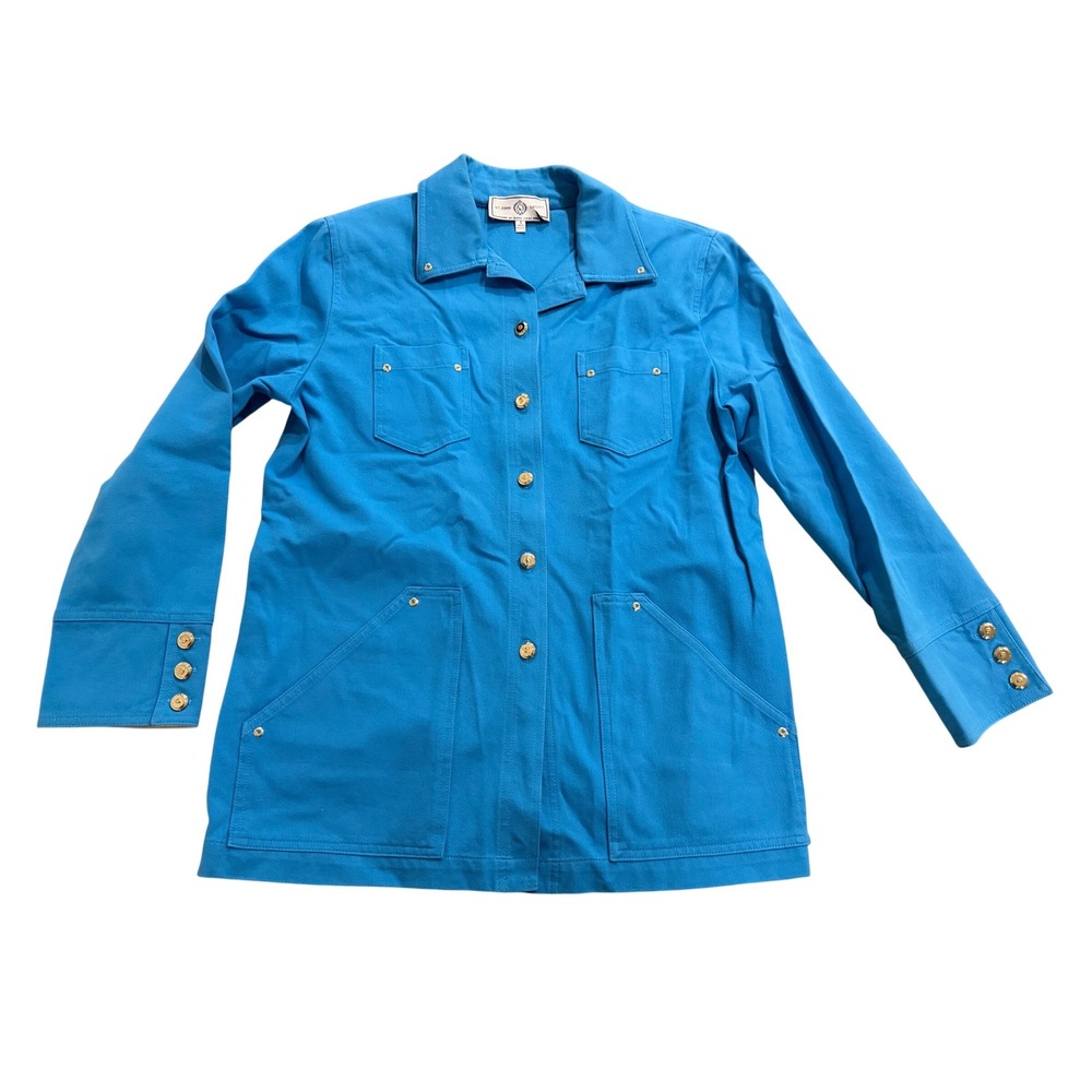 St John Sport Shirt Jacket Women's Small Blue  Gold Logo Button Utility Jacket